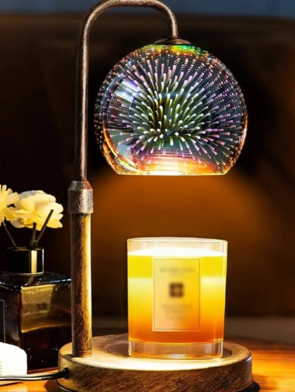 ​3D Firework Glass Candle Warmer Lamp Adjustable Height Wooden Base Light Timer